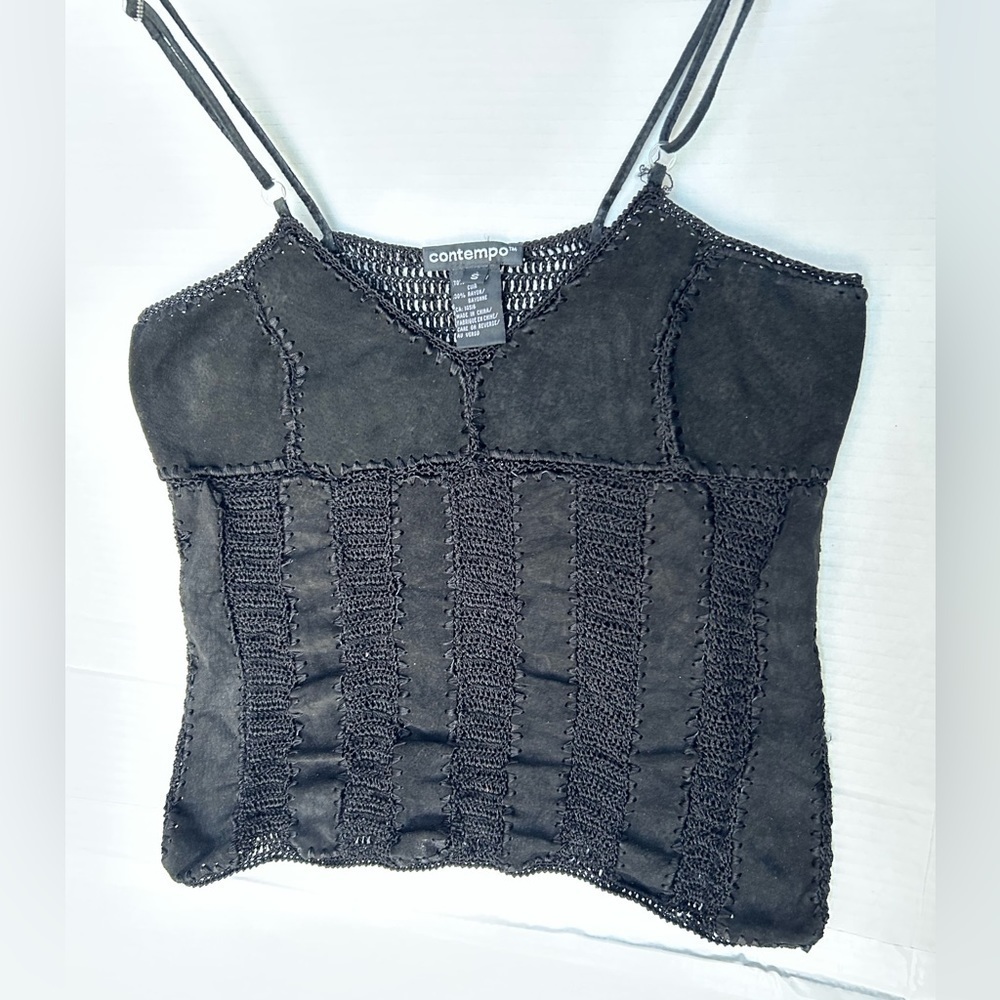 CONTEMPO suede and crochet knit patchwork cropped tank top black
